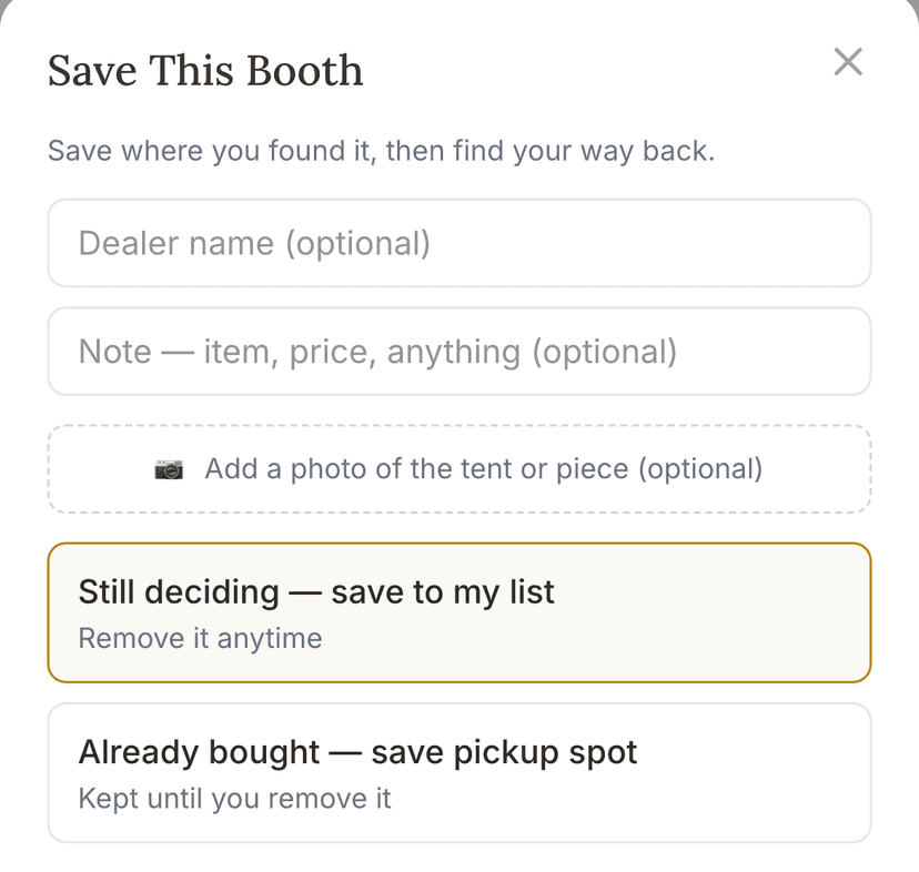Save This Booth sheet — name, note, photo, and both save options