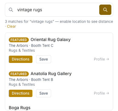 Search results for vintage rugs — one Featured badge, one unbadged listing