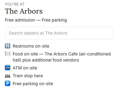 The Arbors gate page — name, admission, and amenities
