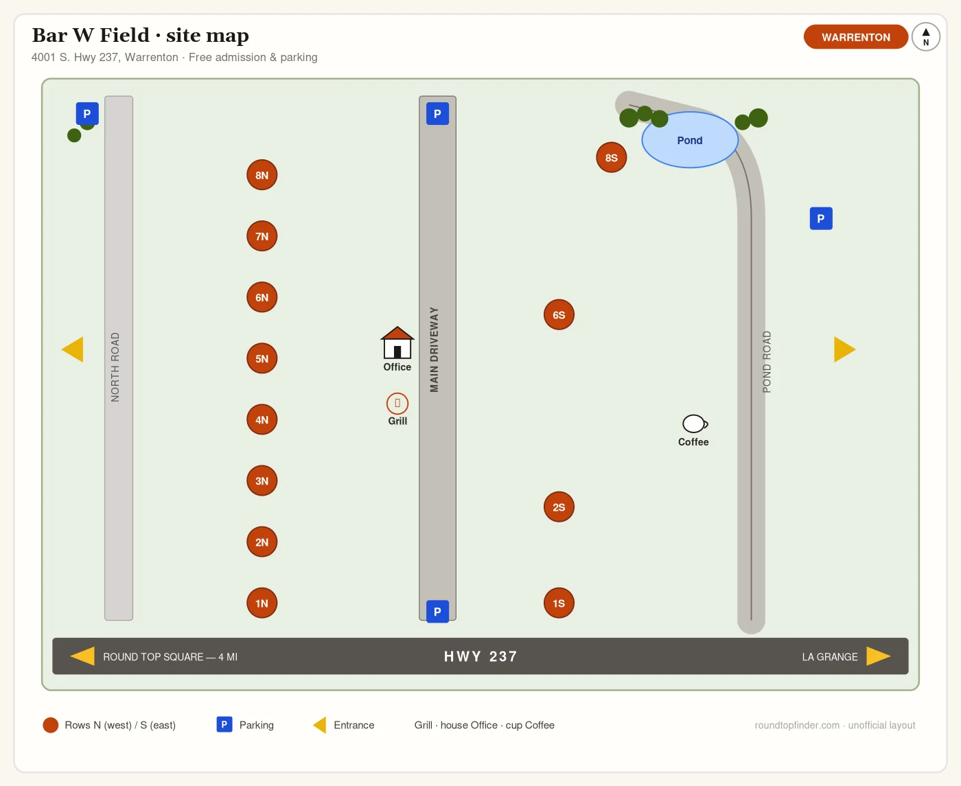 Bar W Field site map showing North Road, Main Driveway, Pond Road, vendor rows 1N–8N and rows 1S, 2S, 6S and 8S, parking, office, grill, coffee, and pond along Hwy 237 in Warrenton.