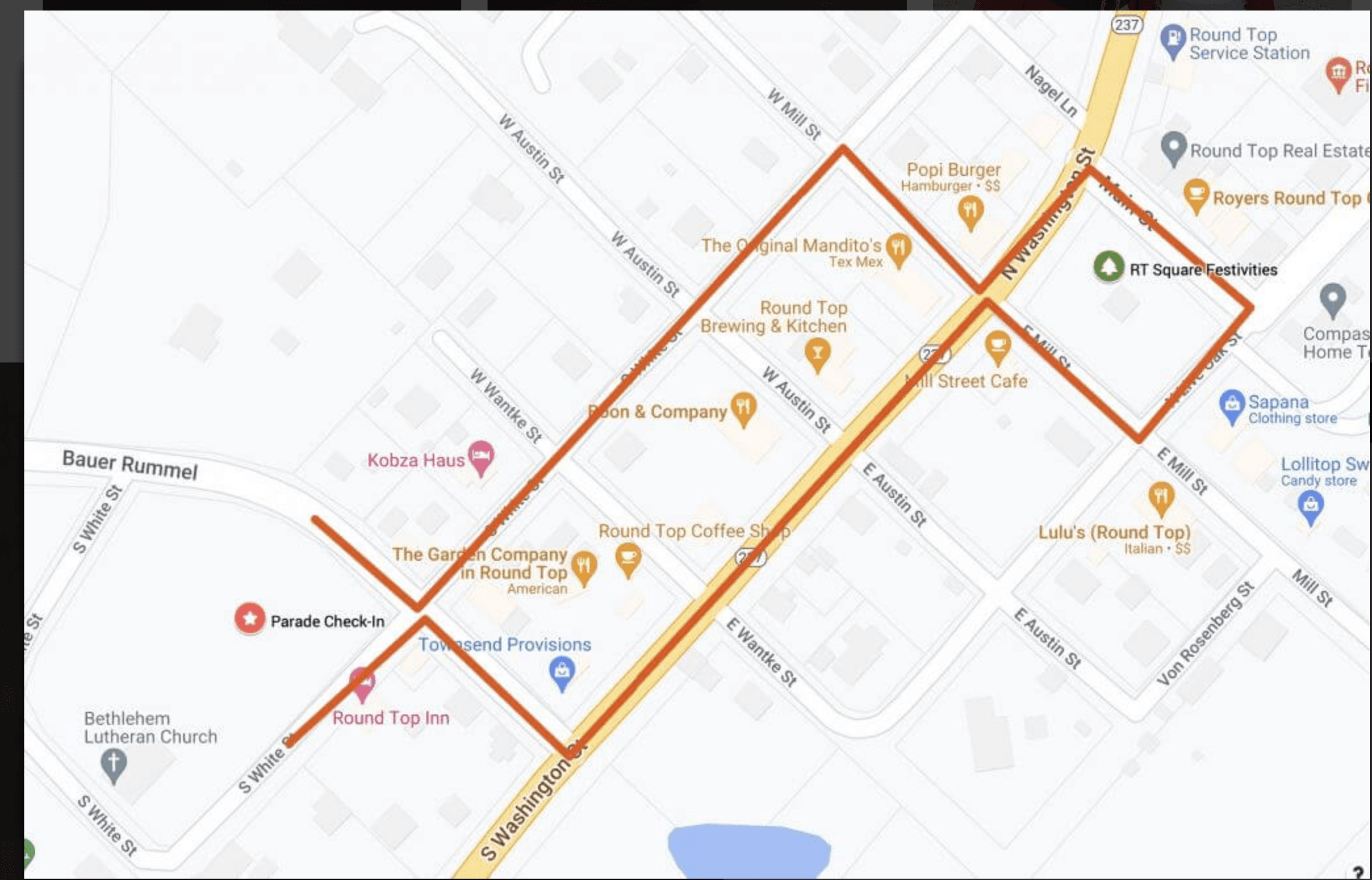 Round Top Christmas Parade 2026 route map — check-in near S. White St., route up Washington St., loop around the town square